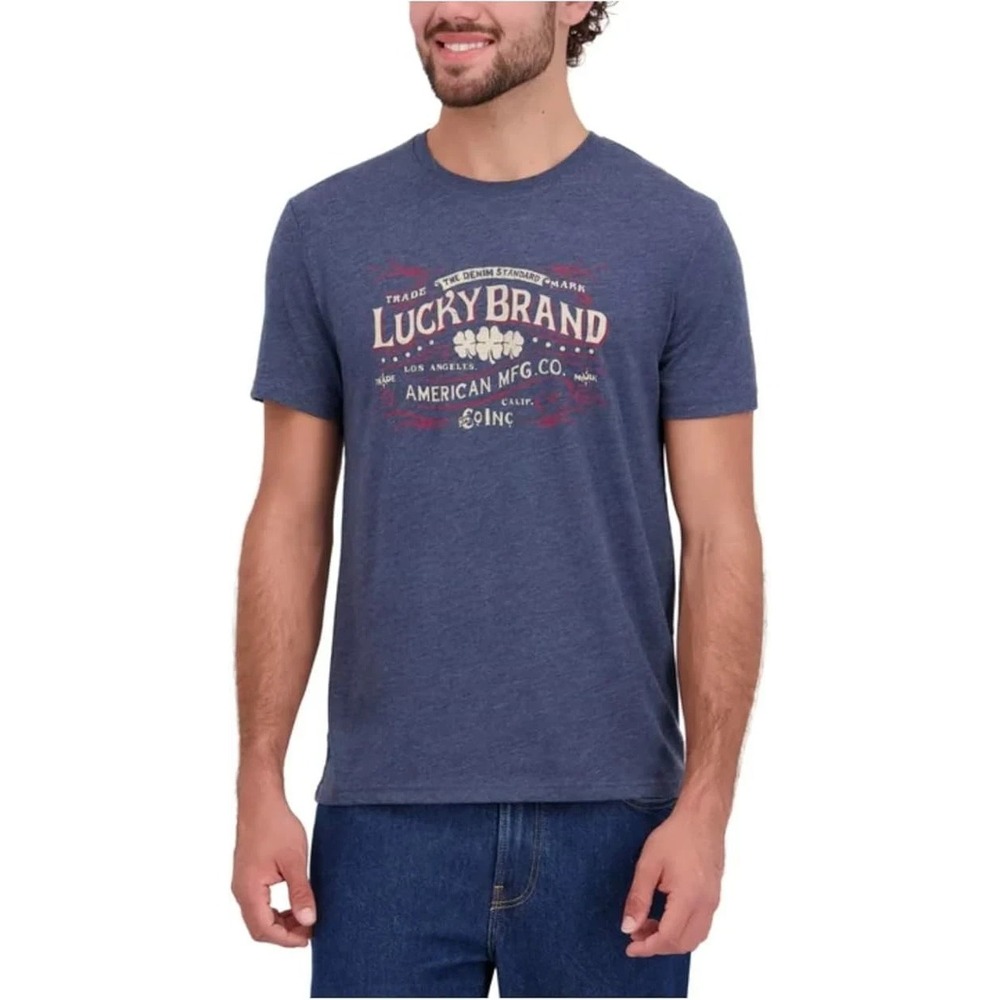 Lucky Brand Mens Graphic T-Shirt Blue Heathered Logo Tee Medium NEW